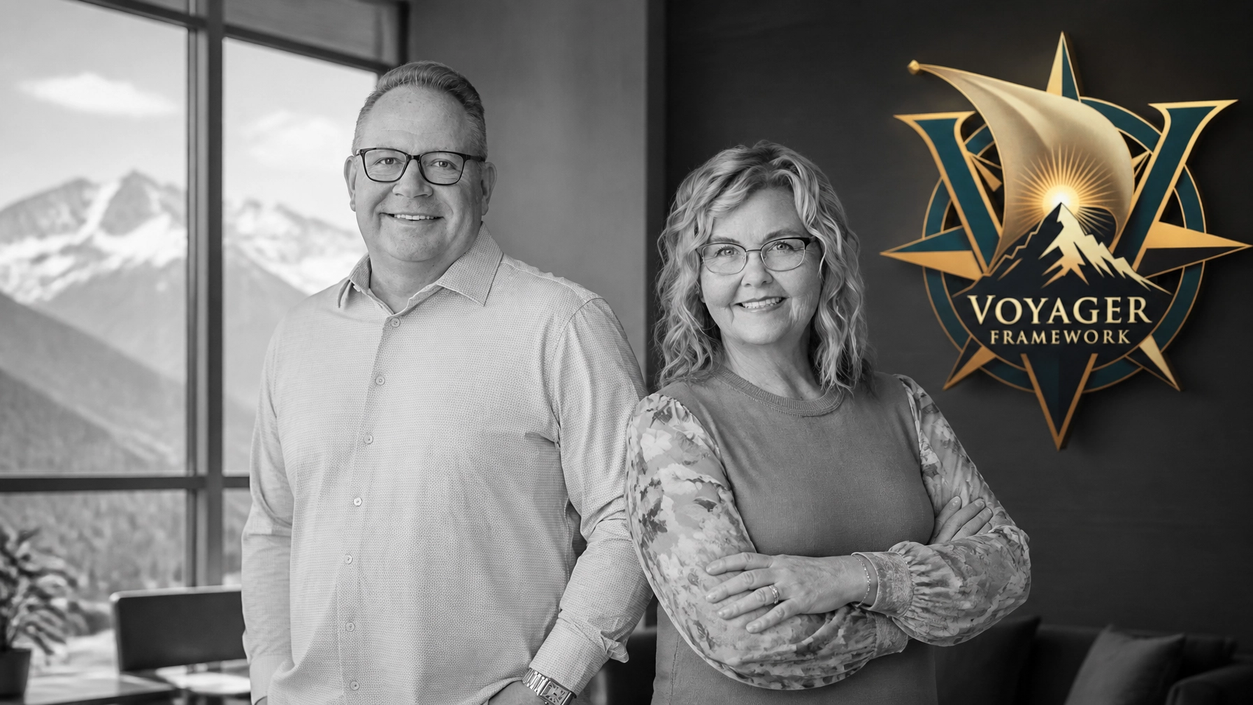 Mark Mathia and Dr. Stacey Ocander beside The Voyager Framework logo